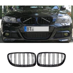 شبكة شواية الكلى LDG E90 متوافقة مع (2009-2011) BMW 3 Series E90 E91 LCI، شبكة الكلى السوداء اللامعة ABS، مجموعة قطعتين (شرائح مزدوجة-أسود لامع)