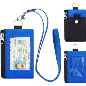 Minimalist RFID Wallet with Lanyard, Multi-Functional ID Case with 2 Zipper Pockets and Key Chain for Men and Women, Tactical Badge Pouch Cards Holder, Coin Purse for Travel Sports-Black