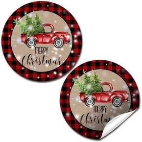 Watercolor Red Pickup Truck Snowy Christmas Thank You Sticker Labels, 40 2" Party Circle Stickers by AmandaCreation, Great for Party Favors, Envelope Seals & Goodie Bags