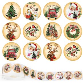 Whaline 1000Pcs Vintage Christmas Stickers Roll Retro Santa Snowman Tree Seal Stickers Xmas Watercolor Self-Adhesive Decals for Winter Party Envelope Journal Decor, 8 Designs