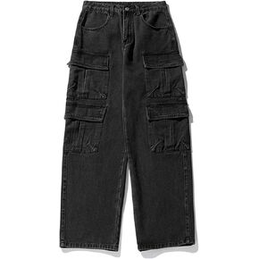Men's Loose Cargo Pants Mulit Pockets Straight Leg Denim Jeans Casual Trousers
