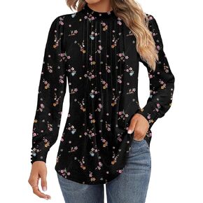 Ficerd Women's Mock Neck Puff Long Sleeve Blouses Dressy Casual Business Tops Fall Winter Tunic Shirts Button Cuffs