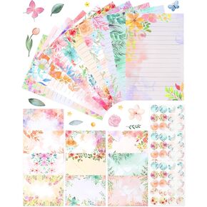 160 Pcs Stationery Paper Set Including 50 Matching Envelopes 50 One Sided Stationery Writing Papers 60 Round Dot Sticker for School Office Supplies,10 Design, 5.5 x 8.25 Inch(Flower)