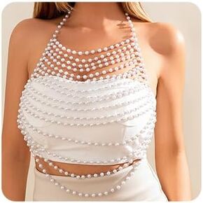 Chargances Sexy Pearl Bikini Body Chain Shoulder Necklace Pearl Top Body Jewelry for Women Summer Beach Body Accessories Rave Nightclub Party Body Chains