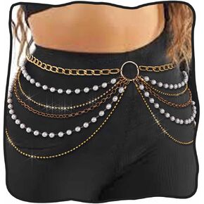 DRESBE Layered Pearl Waist Chain Gold Beads Belly Chains Sparkly Body Accessories for Women