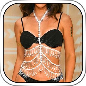 JEWEKY Sparkly Rhinestone Body Chain Jewelry Silver Crystal Layered Tassel Waist Chain Nightclub Body Belly Accessories for Women