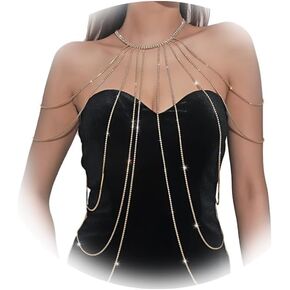 Rhinestone Body Chain Necklace Jewelry Sexy Rhinestone Tassel Bra Chain Bridal Wedding Multi-Layered Shoulder Body Chain Festival Rave Crystal Harness Body Chain Jewelry for Women