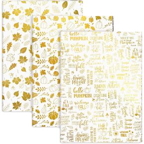 AnyDesign 90 Sheet Fall Thanksgiving Tissue Paper Foil Gold Pumpkin Maple Leaves Pattern Art Tissue Autumn Wrapping Paper DIY Craft Paper for Fall Harvest Thanksgiving Gift Bag Pompom, 13.8 x 19.7In