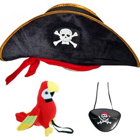 3Pcs Pirate Hat & Stuffed Shoulder Parrot & Eye Patches, Pirate Costume Accessories Pirate Skull Print Pirate Patch for Woman Men Kids Adults for Halloween School Shows and Cosplay Props