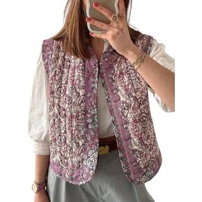Women Floral Puffer Vest - Cropped Puffer Lightweight Sleeveless Quilted Jacket Open Front Colorful Y2k Outerwear