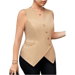 OYOANGLE Women's Plus Size Button Up Vests Sleeveless V Neck Asymmetrical Hem Office Waistcoat Vests