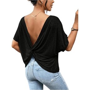 Women's Backless Twist Knot T Shirt Oversized Solid Short Sleeve Tees Open Back Asymmetrical Hem Casual Tops