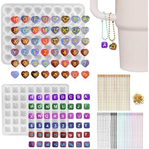 96 Pcs Resin Letter Molds, AFUNTA Alphabet Number Resin Molds Silicone with Hole Heart Shape Square Pendant Silicone Molds for Epoxy Resin Casting, DIY Water Cup Handle Charm