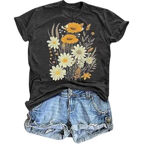 Vintage Women Boho Floral Graphic T Shirt Funny Colorful Wildflowers Print Girl Short Sleeve Fashion Botanical Tee Tops