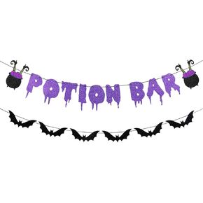 Purple Glitter Potion Bar Banner and Black Glitter Bat Banner- Halloween Party Decorations,Halloween Party Banner for Haunted House,Bat Decorations,Halloween Mantle Home Decor