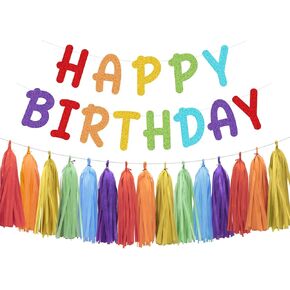 Happy Birthday Decorations - Rainbow Happy Birthday Banner and Paper Tassel Garland for Rainbow Colorful Birthday Party Decorations