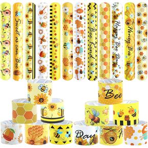 48pcs Bee Slap Bracelets Honeycomb Wristbands Assorted Color Bee Theme Party Favors Sunflower Wristband Honeybee Yellow Bee Birthday Slap Bands Baby Shower for Classroom Prizes