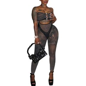 Women Sexy Tube Top Rhinestone Accents Sheer Mesh Off Shoulder Jumpsuit