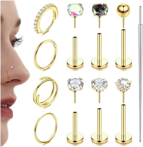 LOLIAS 14K Gold Filled Nose Rings 20G 18G Threadless Nose Rings Hoops Studs - 316L Surgical Steel Push in Flat Back Nose Stud - CZ Hypoallergenic Nose Nostril Tragus Helix Piercing Jewelry for Women Men 11Pcs in Kuwait