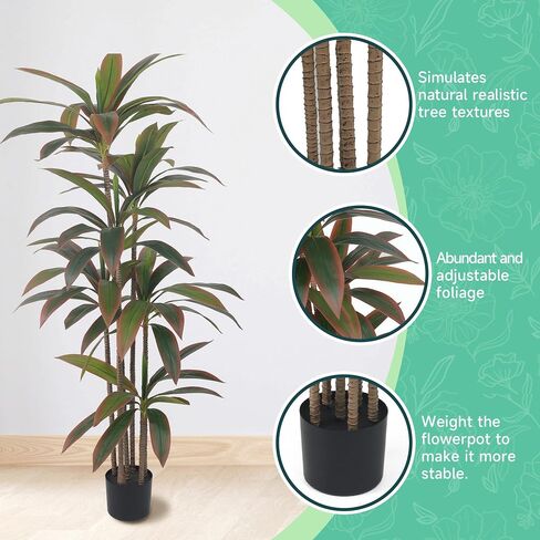 2 Pack 5FT Artificial Dracaena Trees, 2 Pack Autumn Red Fake Trees with Plabter, Tall Indoor Plants for Home, Office, Living Room Decor | No Maintenance in Saudi Arabia