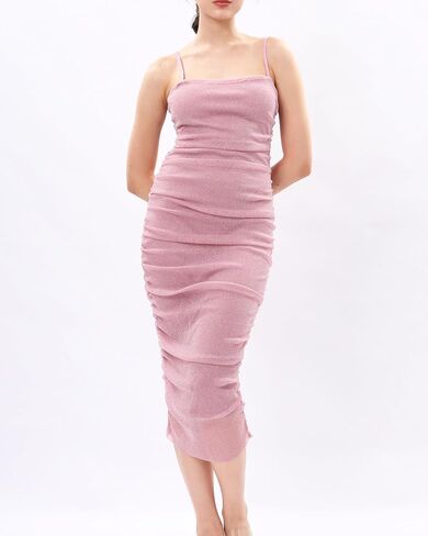 Xintianji Women's Ruched Mesh Glitter Dresses - Summer Spaghetti Strap Party Club Bodycon Midi Dress in Saudi Arabia