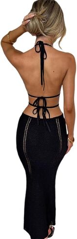 Sexy Crochet Maxi Dress for Women Bodycon Backless Strapless Halter Dress Hollow Out Knit Long Beach Dress Summer in Saudi Arabia
