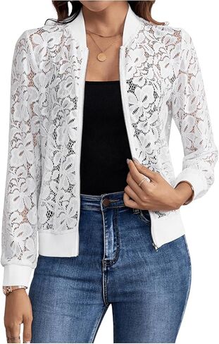 Milumia Women's Lace Sheer Long Sleeve Bomber Jacket Zip Up Baseball Coat in Saudi Arabia