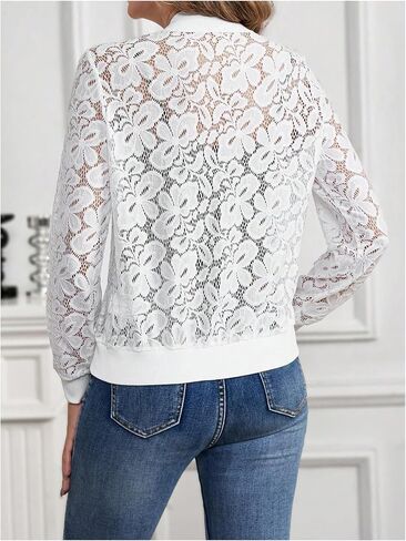 Milumia Women's Lace Sheer Long Sleeve Bomber Jacket Zip Up Baseball Coat in Saudi Arabia