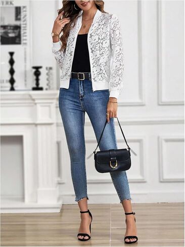 Milumia Women's Lace Sheer Long Sleeve Bomber Jacket Zip Up Baseball Coat in Saudi Arabia