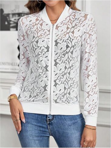 Milumia Women's Lace Sheer Long Sleeve Bomber Jacket Zip Up Baseball Coat in Saudi Arabia