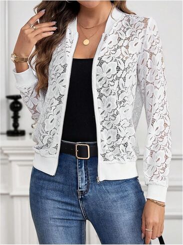 Milumia Women's Lace Sheer Long Sleeve Bomber Jacket Zip Up Baseball Coat in Saudi Arabia
