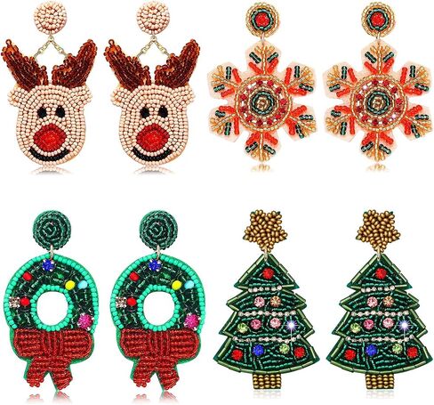 4Pairs Christmas Earrings for Women Holiday Earrings Handmade Christmas Tree Earrings Beaded Snowflake Reindeer Wreath Dangle Earrings Holiday Party Gifts in Saudi Arabia