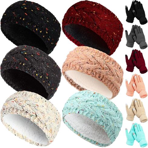Suhine 12 Pcs Women Knit Cable Headbands and Touch Screen Glove Set Winter Fleece Lined Headbands Ear Warmers Headbands Ear Muffs Texting Gloves for Cold Weather in Saudi Arabia