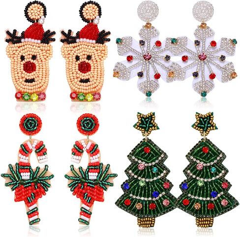 4Pairs Christmas Earrings for Women Holiday Earrings Handmade Christmas Tree Earrings Beaded Snowflake Reindeer Wreath Dangle Earrings Holiday Party Gifts in Saudi Arabia