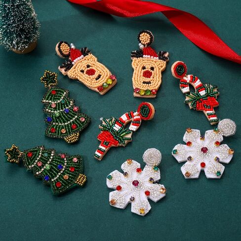4Pairs Christmas Earrings for Women Holiday Earrings Handmade Christmas Tree Earrings Beaded Snowflake Reindeer Wreath Dangle Earrings Holiday Party Gifts in Saudi Arabia