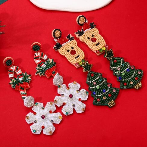 4Pairs Christmas Earrings for Women Holiday Earrings Handmade Christmas Tree Earrings Beaded Snowflake Reindeer Wreath Dangle Earrings Holiday Party Gifts in Saudi Arabia