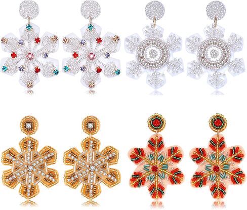 4Pairs Christmas Earrings for Women Holiday Earrings Handmade Christmas Tree Earrings Beaded Snowflake Reindeer Wreath Dangle Earrings Holiday Party Gifts in Saudi Arabia