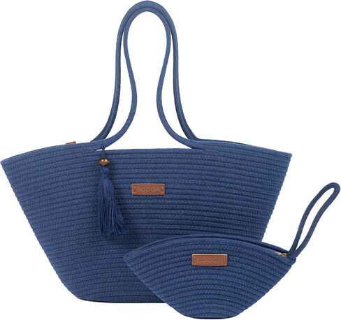 Large Woven Tote & Small Handbag Set for Women, Cotton Rope Shoulder Bag for Beach Pool Travel Weekends, Purse for Essentials in Saudi Arabia