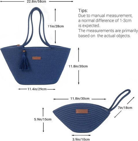 Large Woven Tote & Small Handbag Set for Women, Cotton Rope Shoulder Bag for Beach Pool Travel Weekends, Purse for Essentials in Saudi Arabia