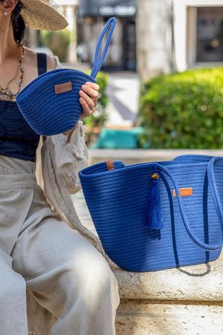 Large Woven Tote & Small Handbag Set for Women, Cotton Rope Shoulder Bag for Beach Pool Travel Weekends, Purse for Essentials in Saudi Arabia