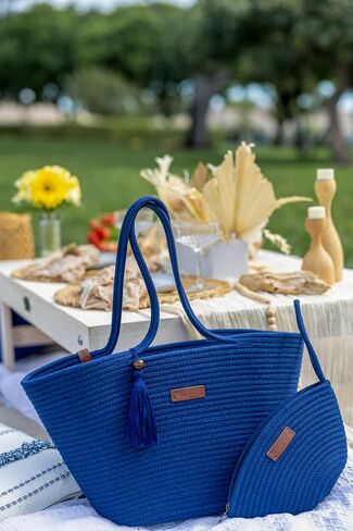 Large Woven Tote & Small Handbag Set for Women, Cotton Rope Shoulder Bag for Beach Pool Travel Weekends, Purse for Essentials in Saudi Arabia