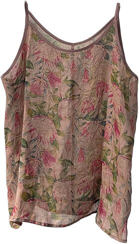 Womens Ramie Camisole Cami Floral Printed Strappy Slip Tops T-Shirt Blouse Tank Shirt in Saudi Arabia