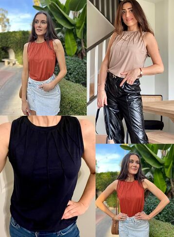 BLENCOT Women 2024 Fashion Casual Sleeveless Tank Tops Summer Crewneck Ruched Pleat Flowy Tee Tops for Women in Saudi Arabia