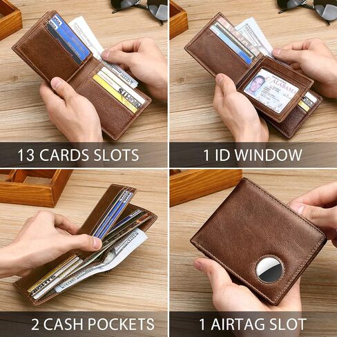 محفظة Swallowmall AirTag للرجال من الجلد الطبيعي بحجب RFID محفظة رجالية ثنائية الطي لـ AirTag 1 نافذة لبطاقة الهوية و12 صندوق هدايا حامل بطاقات (Airtag غير متضمن) (كلاسيكي، ضرائب بني) in Saudi Arabia