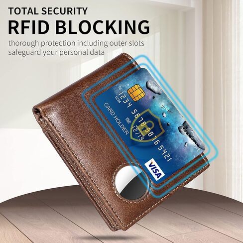 محفظة Swallowmall AirTag للرجال من الجلد الطبيعي بحجب RFID محفظة رجالية ثنائية الطي لـ AirTag 1 نافذة لبطاقة الهوية و12 صندوق هدايا حامل بطاقات (Airtag غير متضمن) (كلاسيكي، ضرائب بني) in Saudi Arabia