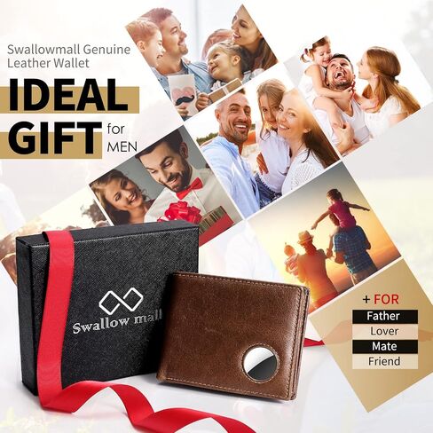 محفظة Swallowmall AirTag للرجال من الجلد الطبيعي بحجب RFID محفظة رجالية ثنائية الطي لـ AirTag 1 نافذة لبطاقة الهوية و12 صندوق هدايا حامل بطاقات (Airtag غير متضمن) (كلاسيكي، ضرائب بني) in Saudi Arabia