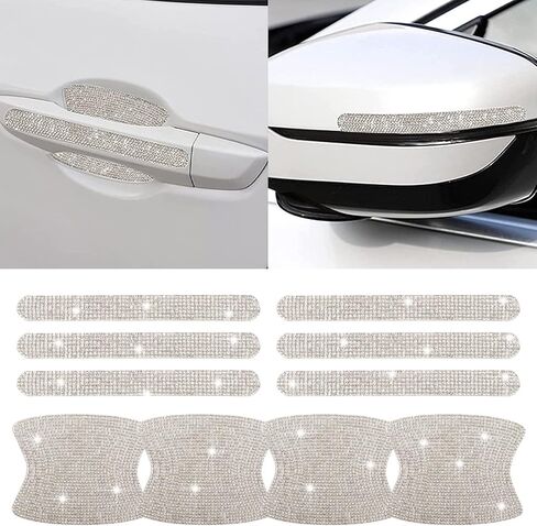 BOHISEN 10 قطع من حجر الراين للسيارة مقبض باب عاكس للضوء ملصقات جانبية عالمية للرؤية الخلفية مرآة أمان مقاومة للخدش غطاء حماية للسيارة (أبيض) in Kuwait