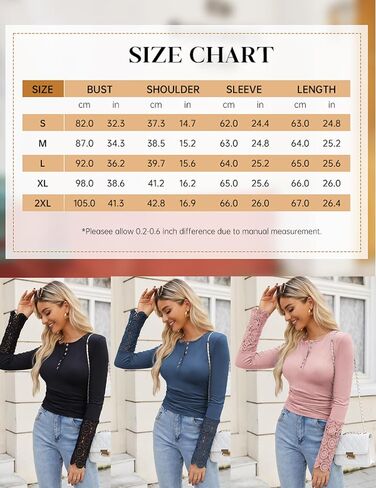 Womens Long Sleeve Henley Shirts V Neck Lace Button Tops Ribbed Casual Slim Fit Blouse Cute Crew Neck Tunic in Saudi Arabia