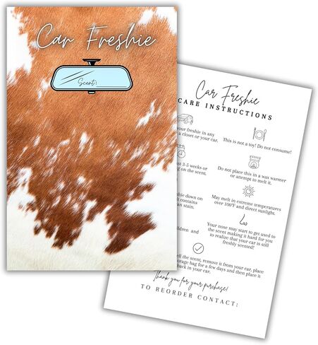 Car Freshie Insert Cards | 50 pk 5.5x8.5" Cow Print Western, fits in 6x9" for Holographic Bags Freshie Scent Label Care Instruction Cardstock in Saudi Arabia