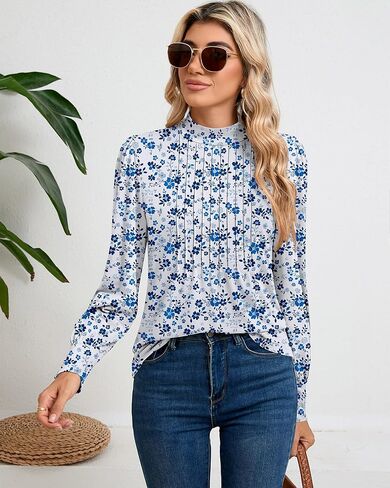 Ficerd Women's Mock Neck Puff Long Sleeve Blouses Dressy Casual Business Tops Fall Winter Tunic Shirts Button Cuffs in Kuwait
